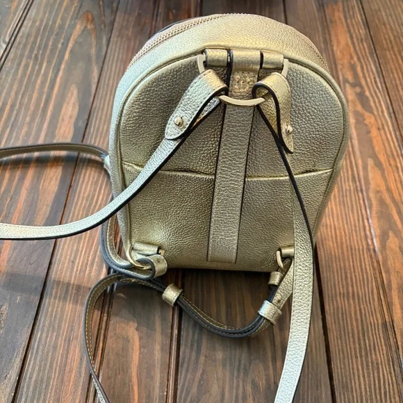 Henri Bendel Backpack Brown Stripe Lining Classic Gold Metallic EC - Picture 4 of 8